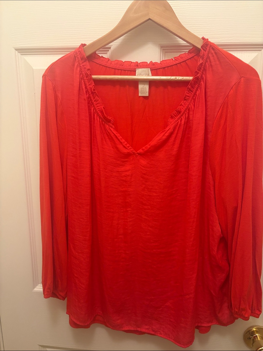 Chico's Vibrant Coral-Red Long Sleeve V-Neck Blouse A130